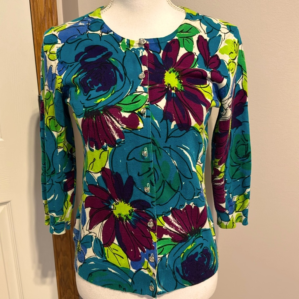 Cable and Gauge , jewel tone floral cardigan, sweater size small